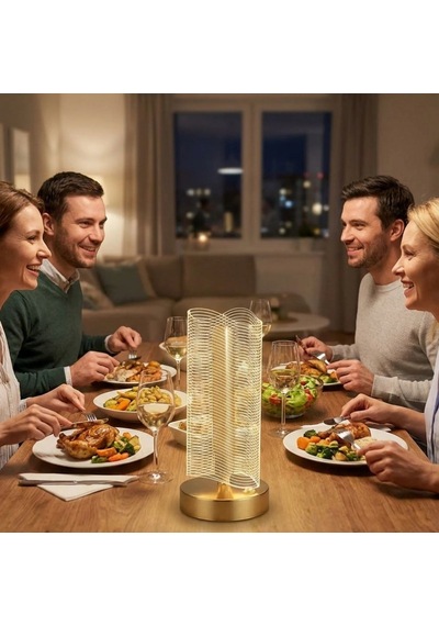Dalgalı Silindirik Kristal Çizgili Model Led Masa Lambası Gold Tabanlı, Dokunmatik, 3 Renk Işık Modlu, Şarjlı Modern Dekoratif Gece Lambası 5570 Beyaz