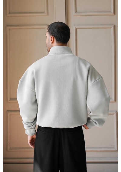 Gri Cozy Basic Yarım Fermuar Oversize Sweatshirt Gri