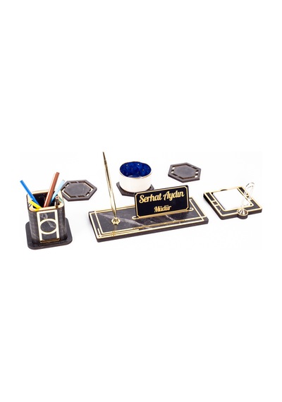 Retro Gold Kalemli Ataçlı Ahşap Masa İsimliği Bardak Altlığı Kalemlik Notluk İsimlik Masa Seti