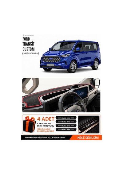 Ford Transit Custom 2025-sonrası Uyumlu Torpido Örtüsü, Torpido Kılıfı - Siyah Kırmızı