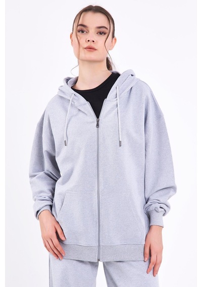 Comeor Gri Kanguru Cepli Kapüşonlu Fermuarlı Oversize Kadın Sweatshirt Cmrb73-gri Gri