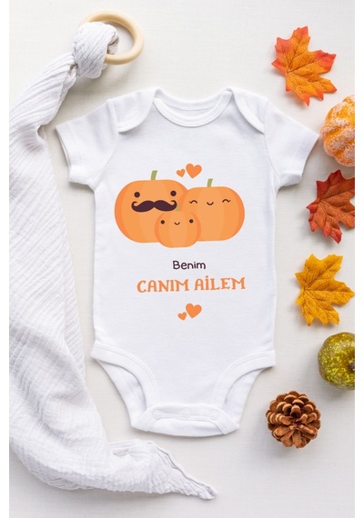 Tuğbababy Baby Benim Canım Ailem Desenli Organik Çıtçıtlı Body Kız Erkek Beyaz