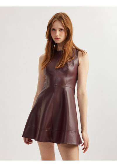 Koton Bisiklet Yaka Kolsuz Suni Deri Mini Elbise Bordo 5sak80178uw Bordo