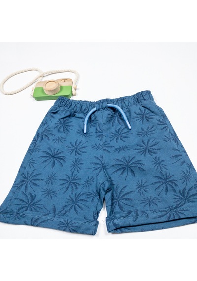 Momikon Unisex Palmiye Desenli Pamuklu Indigo Şort Açık İndigo