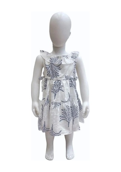 Çikoby Kız Bebek Çocuk Mavi Desenli Bel Lastikli Fırfırlı Elbise-13876 Beyaz