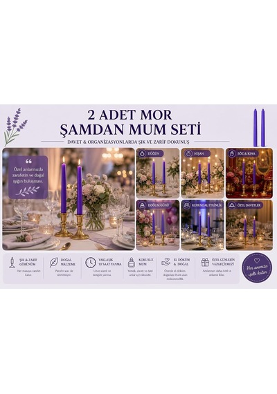 2'li Mor Şamdan Mum Seti 25 Cm Dekoratif İnce Şamdan Mum, Kokusuz Parafin Wax,%100 Pamuk Fitil, El Döküm, Uzun Diğer