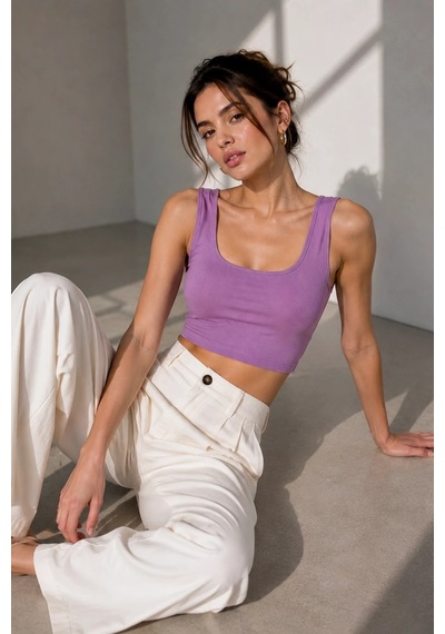 Bb Butik Basic Soft Touch Kare Yaka Crop Bluz Md3549 Lila