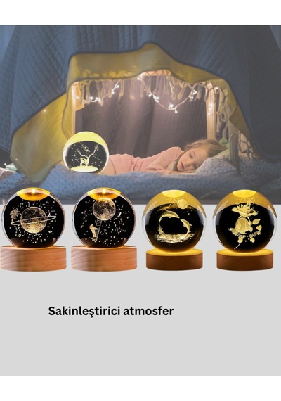 Led Işıklı Geyikli Kristal Küre Ahşap Standlı Modern Dekor Lamba -