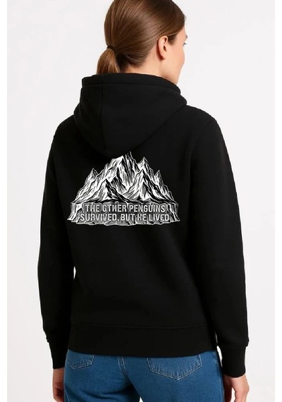 Velmora Fashion Kadın 3 İplik Pamuklu Kapüşonlu Hoodie Sweatshirt Nihilist Penguen Baskılı - Siyah