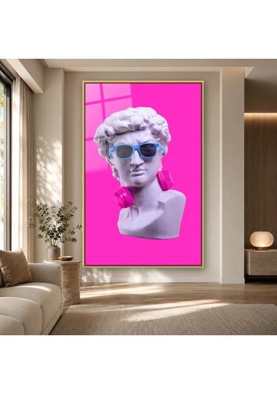 Gözlüklü Ve Kulaklıklı Pop Art Büst Gold Çerçeveli Cam Tablo