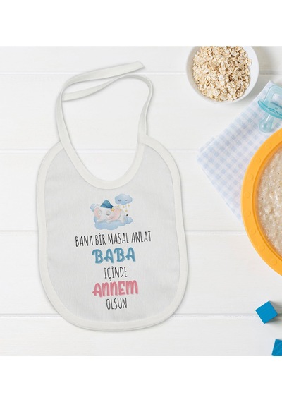 BK Kids Masal Anlat Baba Tasarımlı Beyaz Bebek Mama Önlüğü-1 Beyaz
