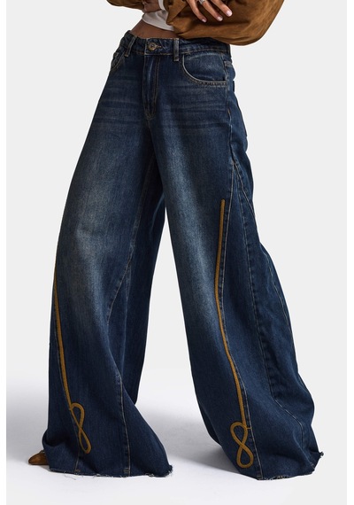Kadın Koyu Kot 2w6-8 Palazzo Fit Nakış Detaylı Özel Tsarım Denim Jean