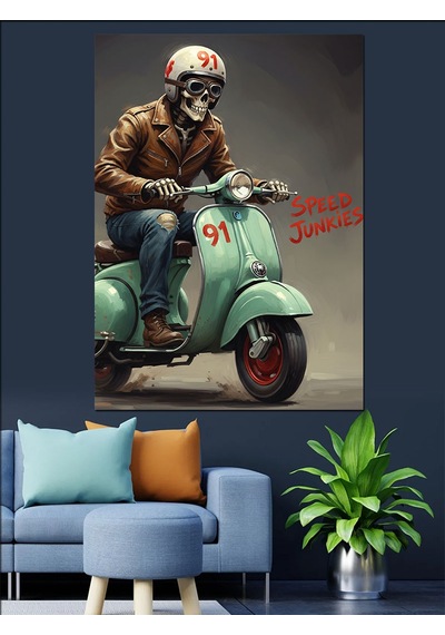 Ahşap Tablo Kasklı Scooter Süren Adam