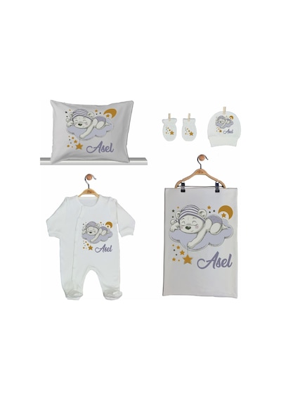 Pia Baby Gl 2002 İsme Özel Ayıcıklı Beşli Tulum Set Krem