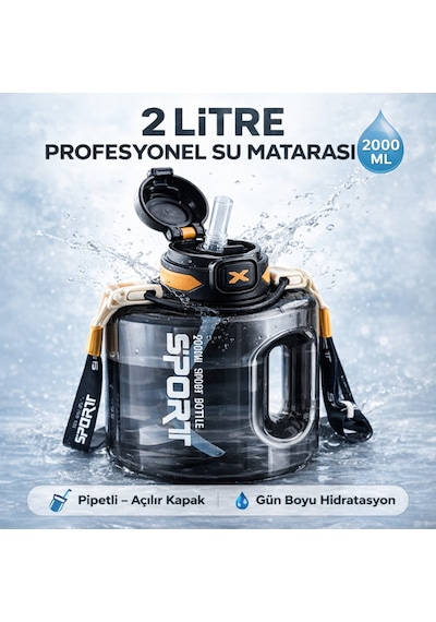 Polham 2 Litre Sporcu Su Matarası Pipetli Açılır Kapak,taşıma Askılı,sızdırmaz Tasarım, Bpa İçermez Siyah
