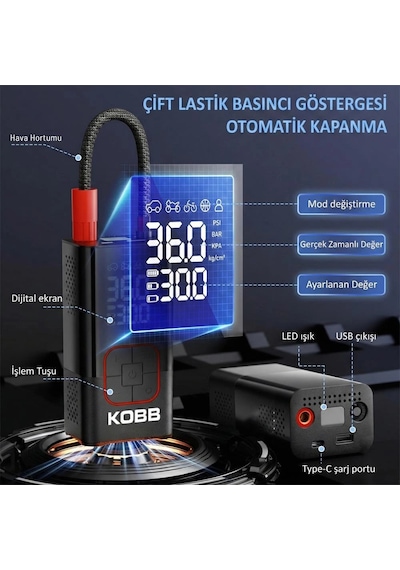 Kobb Kb412 Li-ion Şarjlı 150 Psı Dijital Göstergeli Akıllı Lastik Şişirme Pompası+ Powerbank + Sos +
