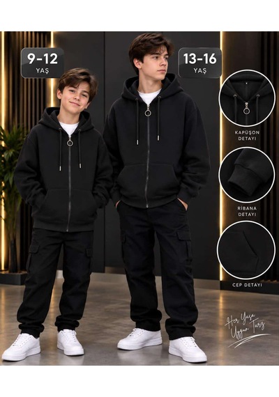 Ela 3 İp Kapşonlu Şardonlu Kışlık Sweatshirt Siyah - Siyah