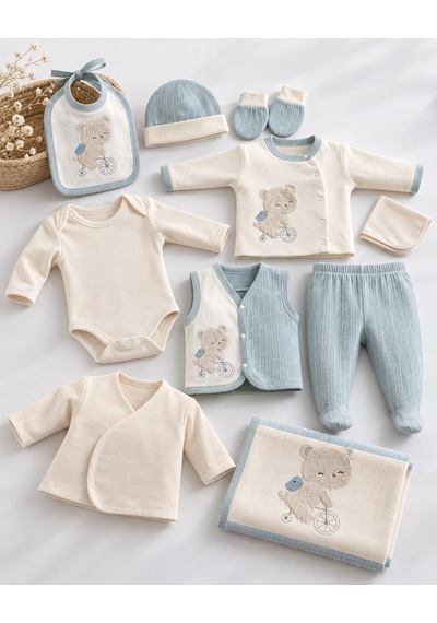Eray Alp Kids Erkek Bebek Bisikletli Ayıcık Nakışlı 10'lu Hastane Çıkışı Bebek Takımı Mavi