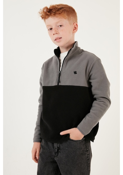 Lela Yumuşak Dokulu Yarım Fermuarlı Renk Bloklu Dik Yaka Unisex Çocuk Polar 5905004 Gri-Siyah