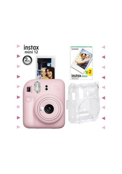 Fujifilm Instax Mini 12 Fotoğraf Makinesi + 20'li Film + Şeffaf Kılıf Seti Pembe
