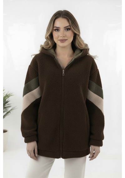 Hiramir Peluş Yeni Sezon Kadın Kolları Şeritli Kolej Mont Ks2577 Kahverengi