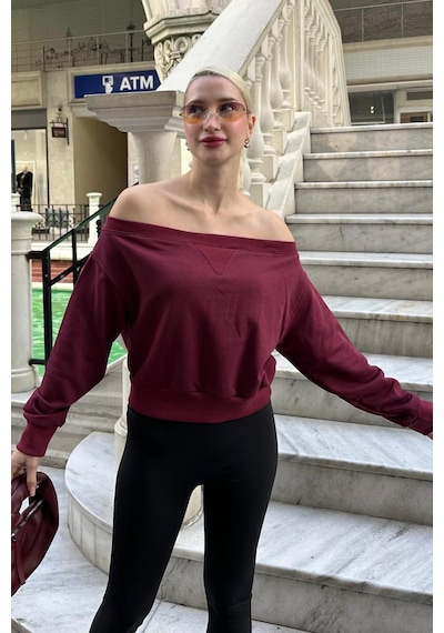 Madmext Bordo Kayık Yaka Kadın Sweatshirt Mg2239 Bordo