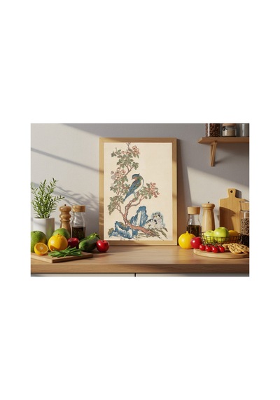 Botanik Kedi Kuş Ve Yaban Elması Çerçevesiz Poster 21x30 Cm A4 Botanik Doğa Tarihi Duvar Dekoru