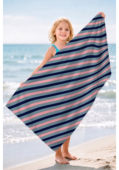 Çizgili Marine Modern Plaj Havlusu - Pastel Lacivert Pembe Mint Hızlı Kuruyan Mikrofiber Havlu Örtü Çok Renkli