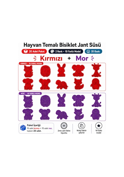 Hayvan Temalı Bisiklet Jant Süsü 20 Parça 2 Renk 10 Farklı Model Kırmızı-Mor