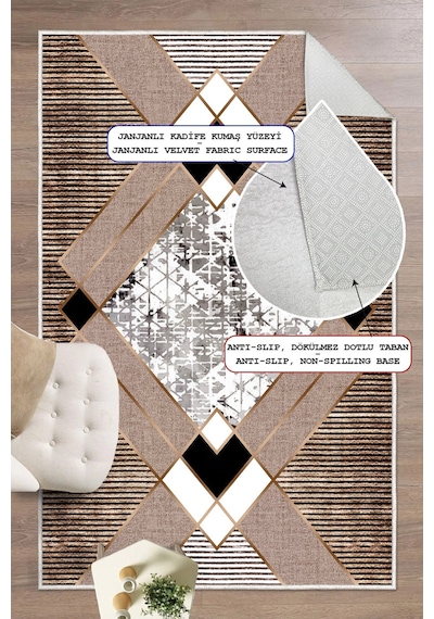 Geometrik Desenli Makinede Yıkanabilir Kaymaz Taban Oturma Odası Salon Halı Koridor Halı Bej