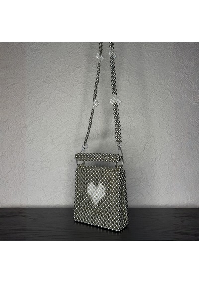 Khosia Amour El Yapımı İnci Kalp Motifli Metal Boncuk Omuz Çantası Gümüş