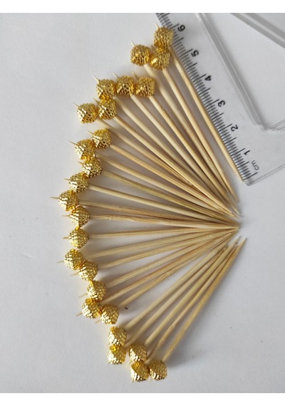 100 Adet Dekoratif Gold Böğürtlen Boncuklu Pasta Kürdanı Lokumluk 6,5 Cm - Boncuk 8 Mm