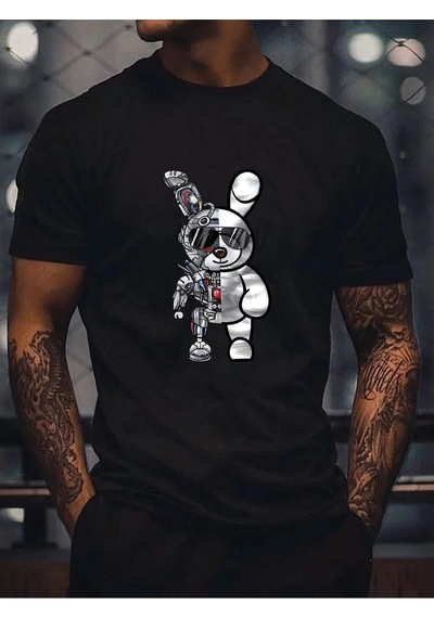 Robotic Rabbit Süprem T-shirt - Siyah Baskılı Oversize Bisiklet Yaka Tişört Siyah-75753 Robotic Rabbit Süprem T-shirt - Siyah Baskılı Oversize Bisiklet Yaka Tişört Siyah-75753