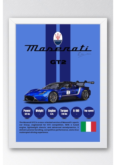 Maserati Gt2 Premium Mavi Yarış Arabası Tablosu - Teknik Özellikli İtalyan Otomobil Duvar Dekoru Beyaz
