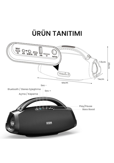 W-kıng X20s Bluetooth Hoparlör, 140w Rms Boombox Ultra Bass, 24 Saate Varan Çalma Süresi, Ipx7 Suya Dayanıklı, Kablosuz Stereo Tws, Powerbank/usb/tf/aux/otg/bluetooth 5.4, Ses Bombası Siyah