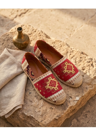 Futsishoes Vıola Kırmızı Hakiki Deri Kilim Desenli Kadın Etnik Desen Espadril Ayakkabı