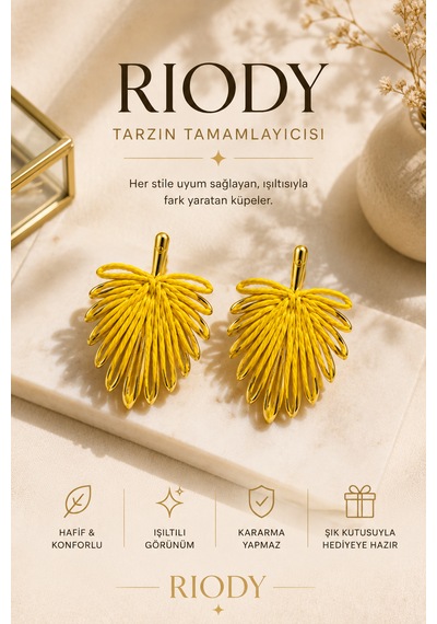Riody Sarı Gold Yaprak Küpe Kadın Sallantılı Küpe Hafif Şık Günlük Abiye Kombin