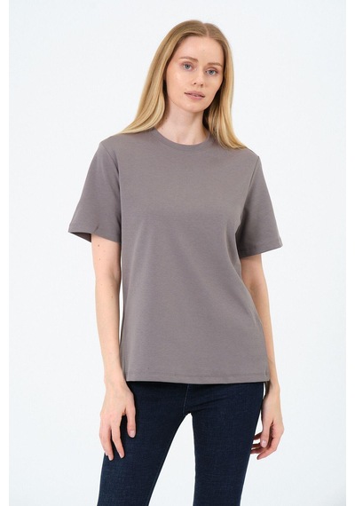 Kadın Bisiklet Yaka Kısa Kollu Basic T-shirt - İnterlok Kumaş Gri
