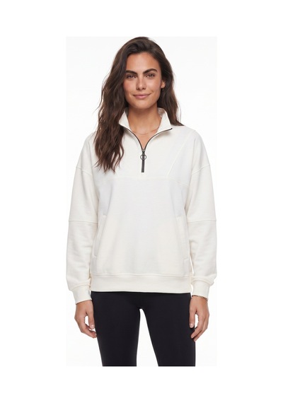 Onloox Kadın Ekru Ekru Pamuklu Dik Yaka Oversize Yarım Fermuarlı Cep Detaylı Sweatshirt
