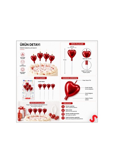 Çubuklu Metalik Kırmızı Kalp Mum - 13 Cm X 4 Adet