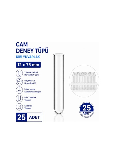 12x75 Mm Cam Deney Tüpü Dibi Yuvarlak 25 Adet Laboratuvar Test Tüpü