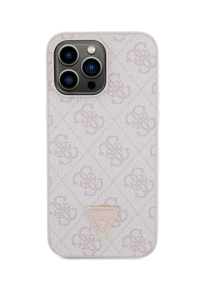 Apple Uyumlu iPhone 14 Pro Max Kılıf Guess Lisanslı Pu Deri Taşlı Metal Üçgen Logolu Çapraz Vücut Askılı Pembe