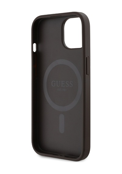 Apple Uyumlu iPhone 15 Kılıf Guess Lisanslı Magsafe Şarj Özellikli 4g Desen Yazı Logolu Kapak Kahverengi