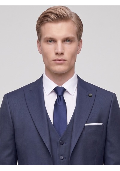 Tk6896 Erkek 3 Parça Slim Fit Çift Yırtmaçlı Takım Elbise Yelekli Şık Klasik Takım 6 Drop Lacivert