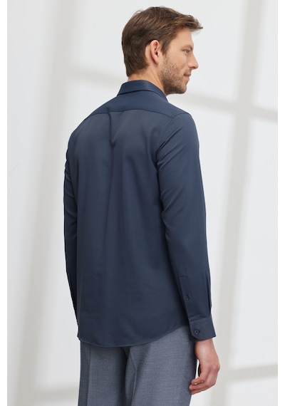AC&Co / Altınyıldız Classics Erkek LACI Kolay Ütülenebilir Slim Fit Dar Kesim İtalyan Yaka Armürlü Gömlek Lacivert