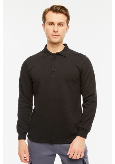Uniprom Sweatshirt Polo Yaka İçi Polarlı 3 Iplik Pamuklu Normal Kesim Erkek Siyah