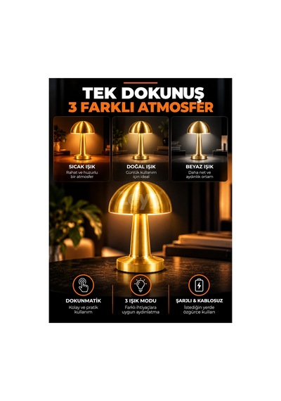 Gold Mantar Masa Lambası Şarjlı Kablosuz Dokunmatik 3 Renk Led Dekoratif Abajur Sarı