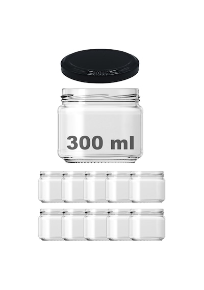 Afracam 300 ML Siyah Metal Kapaklı Şeffaf Cam Kavanoz 10 Adet