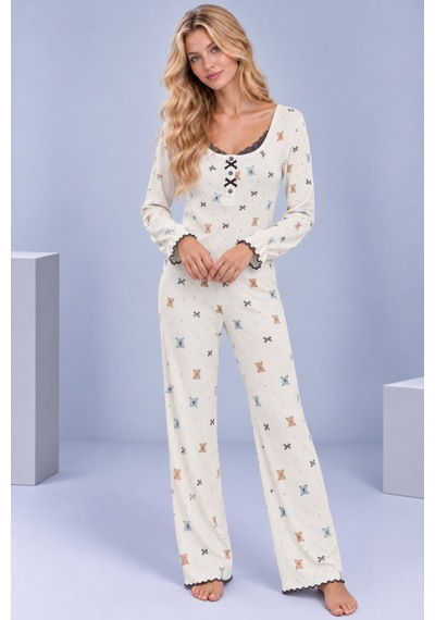 Pijamask Kadın Desenli Dantel Detaylı Fiyonk Ve Düğmeli Uzun Kollu Pijama Takımı Beyaz-22