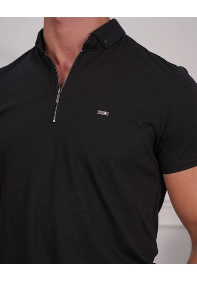 Modefendi Pamuk Likra Slim Fit Kalıp Bebe Yaka Fermuarlı Tshirt Siyah